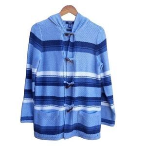 Vtg 80s Duffle Coat Jacket Sz S‎ Blue Cotton Beach Blanket Toggle Striped Unisex